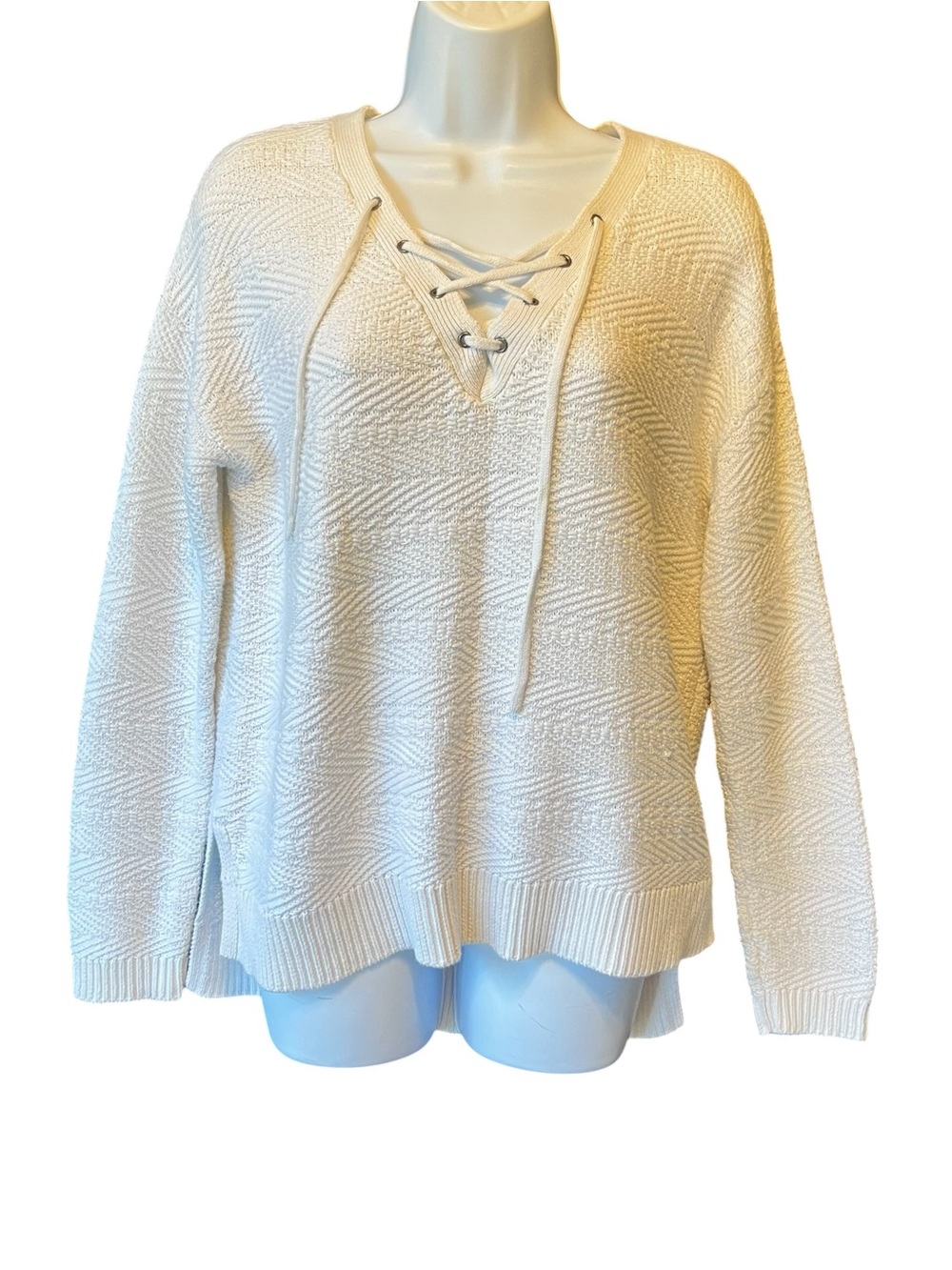 Athleta Sunset Lace Up Sweater M White Cotton Blend Pullover Womens V-neck